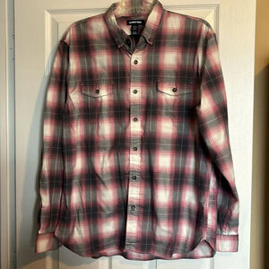 Lands’ End men’s pink and gray plaid long sleeve button down shirt size large